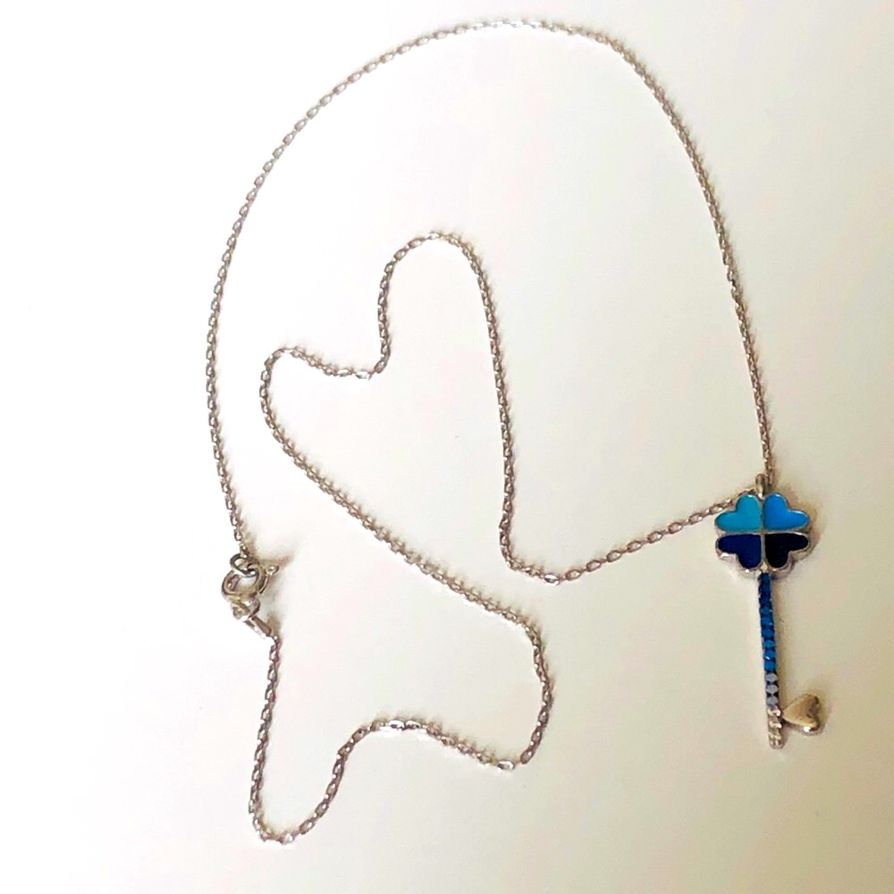 Blue heart clover key 925 silver cz necklace - Picture 7 of 9